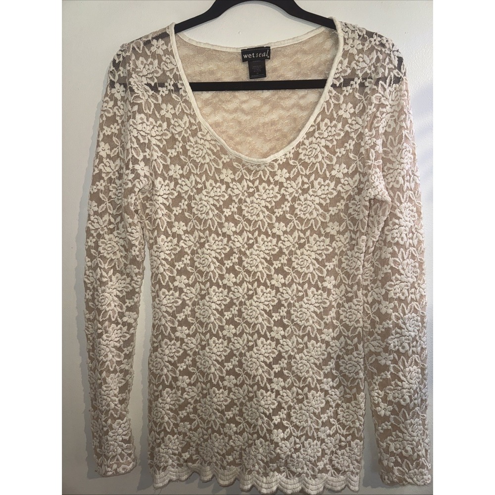 Vtg Y2K Wet Seal Cream Floral Lace Long Sleeve V-Neck Top M